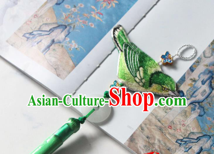 Handmade China Classical Hanfu Tassel Jade Waist Accessories Suzhou Embroidered Green Bird Belt Pendant