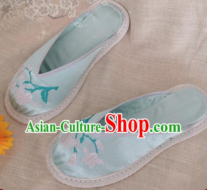 Chinese National Strong Cloth Shoes Handmade Embroidery Light Green Satin Shoes Woman Slippers