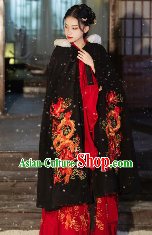 China Traditional Hanfu Cape Ming Dynasty Princess Historical Clothing Ancient Young Beauty Embroidered Black Cloak Garment