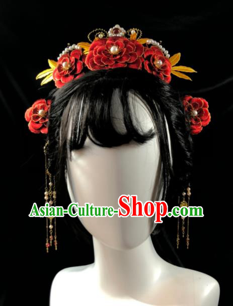 China Song Dynasty Wedding Red Peony Hair Crown Traditional Hanfu Headpiece Ancient Bride Tassel Hairpins Hair Accessories