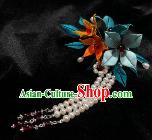 China Handmade Beads Tassel Hairpin Traditional Hanfu Headpiece Ancient Princess Green Silk Lily Flowers Hair Comb