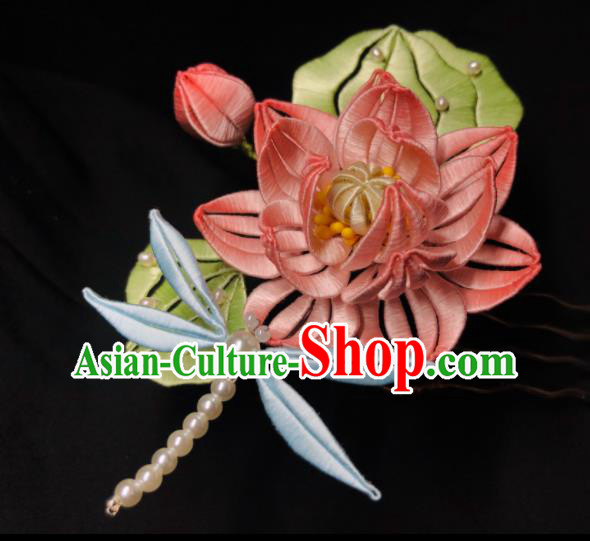 China Handmade Pink Silk Lotus Hairpin Traditional Hanfu Headpieces Ancient Song Dynasty Princess Hair Comb