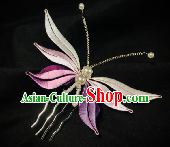 China Handmade Lilac Silk Butterfly Hairpin Traditional Ming Dynasty Hanfu Headpiece Ancient Princess Hair Comb