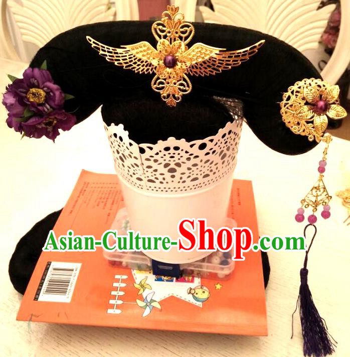 Chinese Ancient Palace Princess Hairpieces Traditional Qing Dynasty Court Headdress Imperial Consort Wigs and Hair Accessories