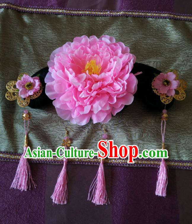 Chinese Qing Dynasty Palace Lady Headdress Ancient Manchu Girl Wigs and Hair Accessories Traditional Court Pink Peony Hairpieces