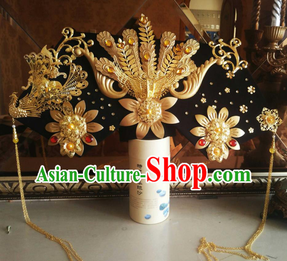 China Traditional Court Headwear Ancient Imperial Consort Great Wing Hat Handmade Qing Dynasty Court Woman Golden Phoenix Hair Crown