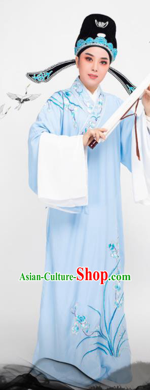 China Peking Opera Xiaosheng Embroidered Orchids Blue Robe Costume Beijing Opera Niche Clothing Traditional Yue Opera Scholar Garment