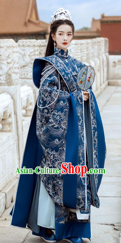 China Ancient Imperial Consort Embroidered Blue Hanfu Dress Traditional Southern and Northern Dynasties Princess Historical Garment Costumes