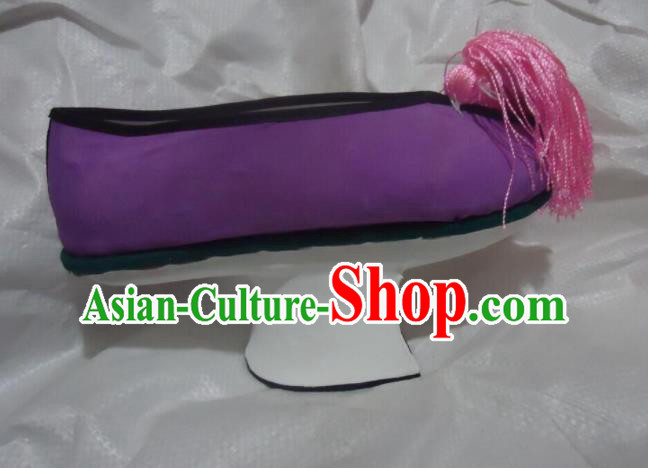 China Qing Dynasty Princess Shoes Traditional Peking Opera Hua Tan Shoes Peking Opera Diva Purple Satin Shoes