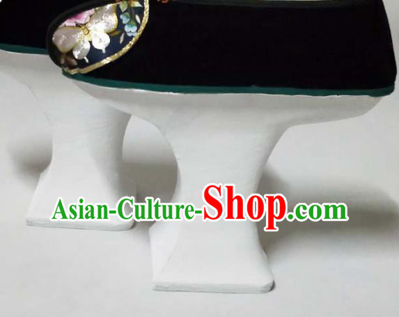 China Traditional Peking Opera Diva Shoes Beijing Opera Hua Tan Black Embroidered Shoes Qing Dynasty Court Shoes