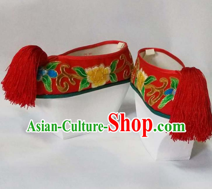 China Qing Dynasty Princess Red Satin Shoes Traditional Peking Opera Actress Shoes Beijing Opera Hua Tan Embroidered Shoes