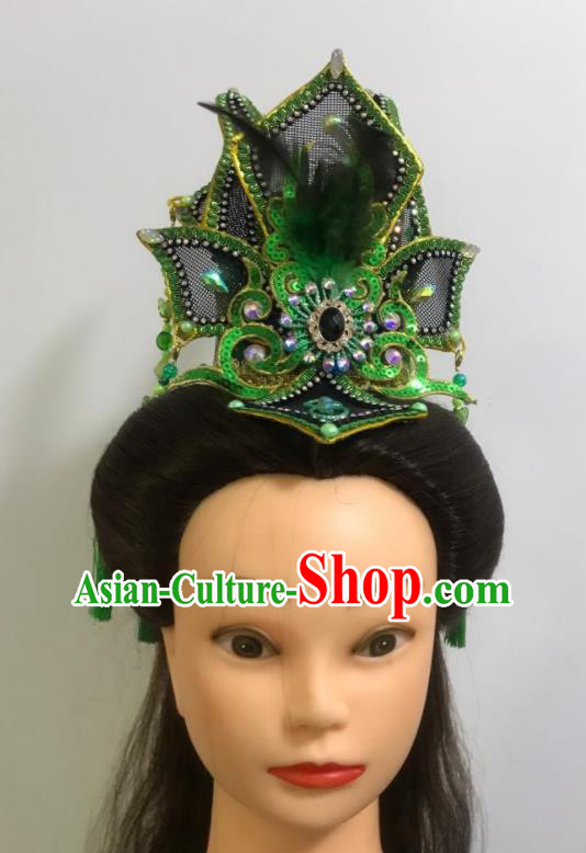 China Traditional Peking Opera Niche Headpiece Beijing Opera Xiaosheng Green Feather Hair Crown Fujian Gezi Opera Prince Headwear