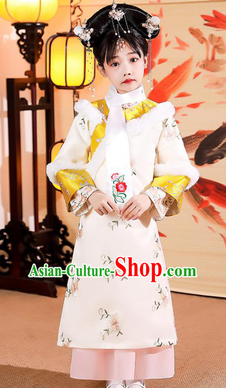China Traditional Court Kid Embroidered Beige Qipao Dress Qing Dynasty Children Princess Clothing Girl Stage Show Winter Costumes