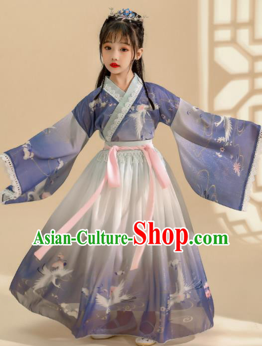 China Traditional Girl Stage Show Blue Hanfu Dress Ming Dynasty Children Princess Clothing Ancient Children Costumes