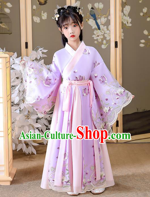 China Traditional Girl Stage Show Violet Hanfu Dress Jin Dynasty Princess Clothing Ancient Children Fairy Embroidered Costumes