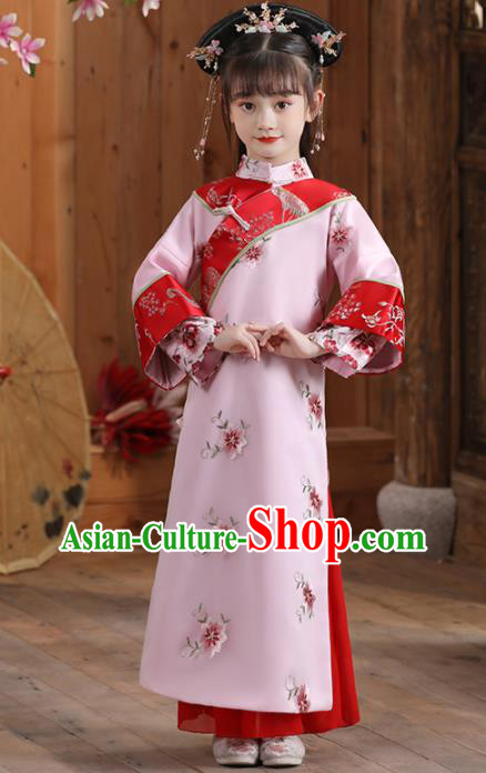 China Qing Dynasty Girl Princess Clothing Ancient Children Costumes Traditional Stage Show Pink Qipao Dress