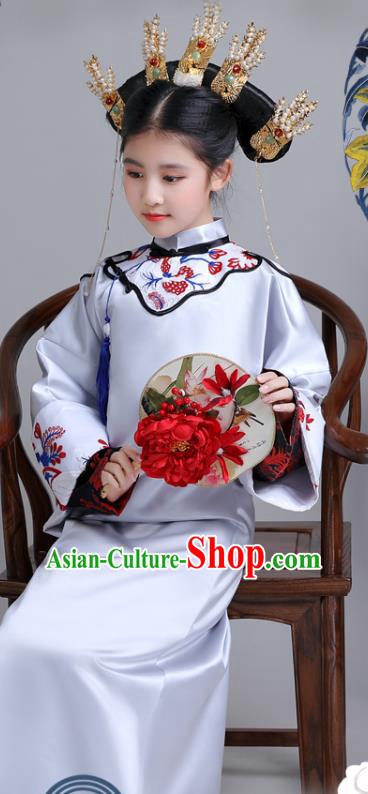 China Ancient Imperial Consort Garment Costume Traditional Stage Show Girl Grey Qipao Dress Qing Dynasty Children Princess Clothing