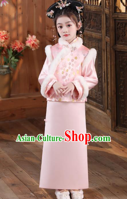 China Children Stage Show Cheongsam Traditional Court Pink Qipao Dress Qing Dynasty Girl Princess Clothing