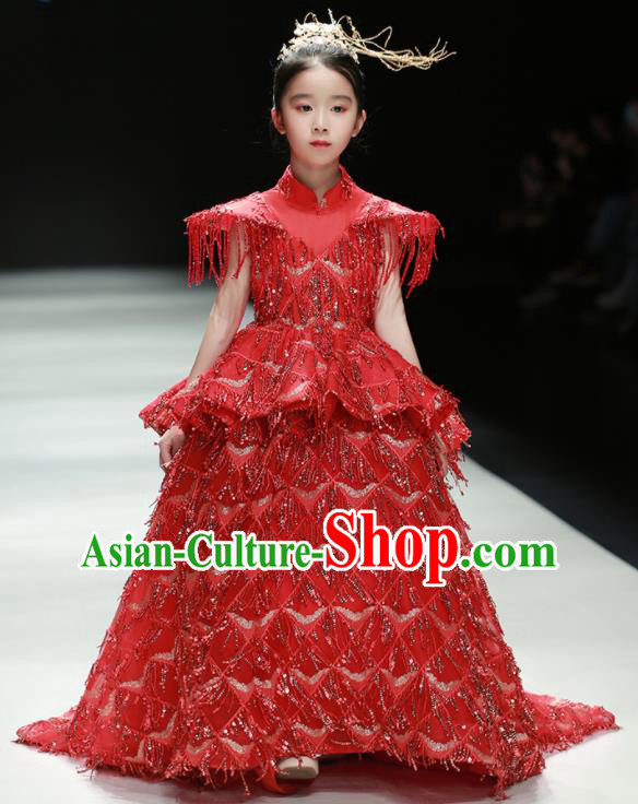Professional Stage Show Garment Costume Girl Catwalks Red Full Dress Children Piano Performance Formal Clothing