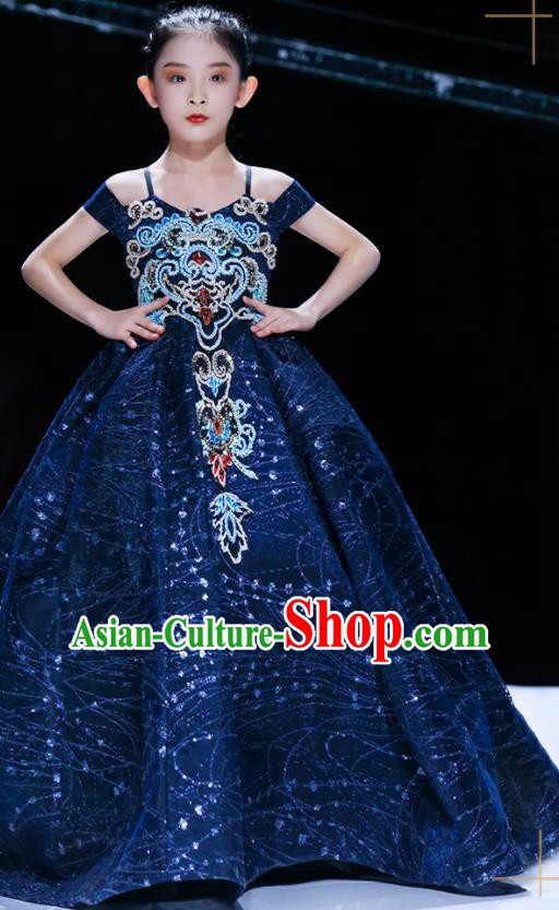 Professional Children Piano Performance Formal Costume Flower Girl Stage Show Fashion Clothing Baroque Catwalks Deep Blue Full Dress