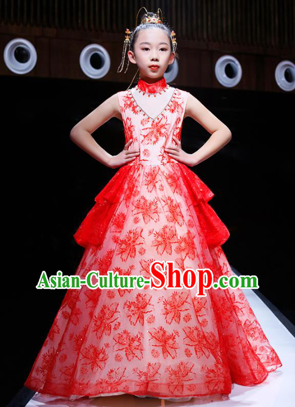 Professional Catwalks Trailing Full Dress Children Piano Performance Formal Costume Flower Girl Stage Show Fashion Clothing