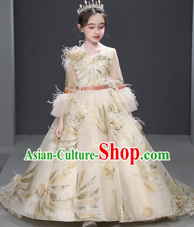 Professional Children Compere Formal Costume Flower Girl Garment Stage Show Fashion Clothing Catwalks Beige Trailing Evening Dress