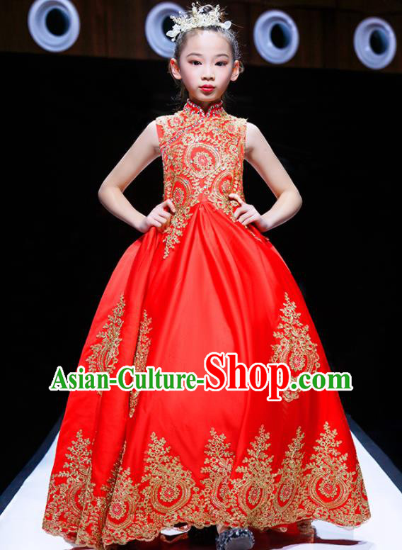 Professional Girl Stage Show Fashion Clothing Catwalks Red Evening Dress Children Compere Formal Costume