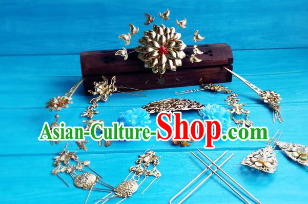 Chinese Tang Dynasty Imperial Consort Hairpins Traditional Hanfu Hair Accessories Ancient Empress Golden Peony Hair Crown