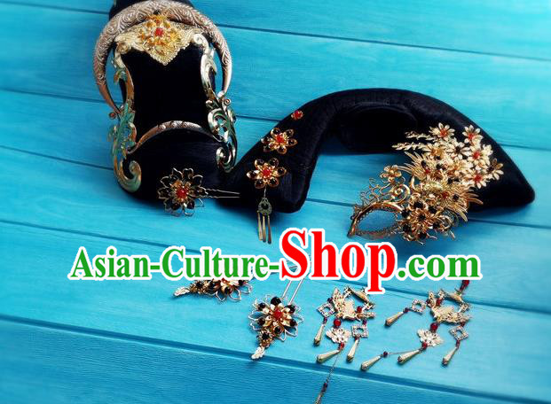 China Drama Palace Beauty Headpieces Traditional Han Dynasty Queen Wigs and Hairpins Ancient Empress Hair Crown