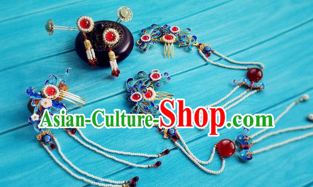 Chinese Ming Dynasty Queen Cloisonne Hairpin Traditional Hanfu Hair Accessories Ancient Empress Tassel Hair Combs Full Set
