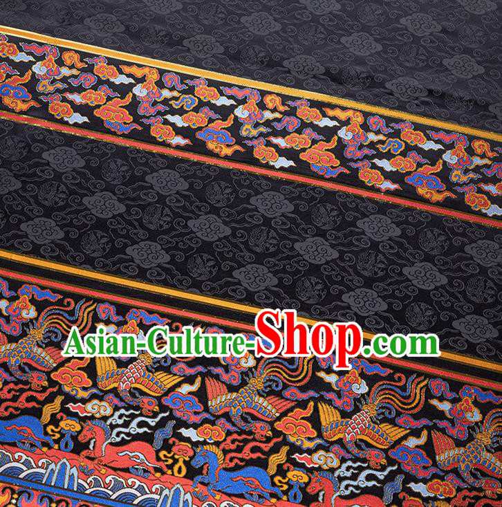 Asian Chinese Ming Dynasty Black Tapestry Fabric Jacquard Brocade Traditional Hanfu Dress Phoenix Pattern Satin Drapery
