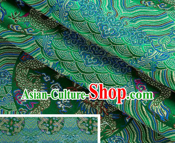 China Tang Suit Satin Damask Traditional Wave Dragon Pattern Silk Fabric Jacquard Green Brocade Material Classical Cheongsam Tapestry