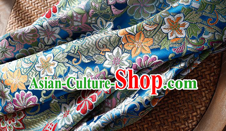 Asian Japanese Yukata Dress Satin Kimono Drapery Classical Chrysanthemum Pattern Tapestry Fabric Traditional Blue Brocade