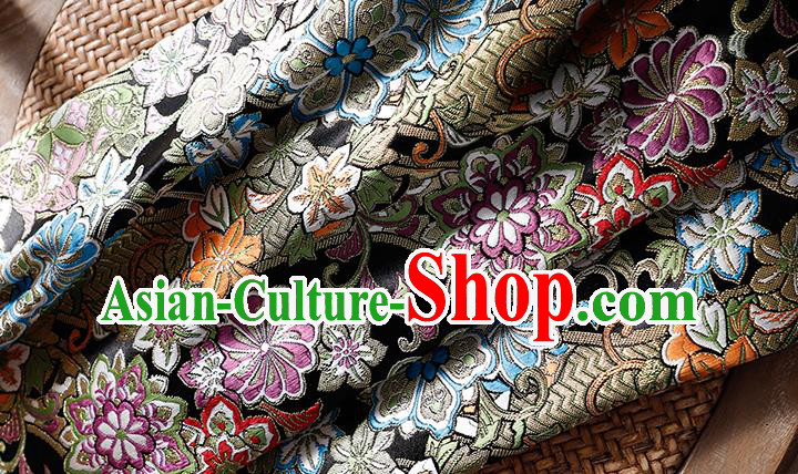 Asian Japanese Traditional Black Brocade Yukata Dress Satin Kimono Drapery Classical Chrysanthemum Pattern Tapestry Fabric