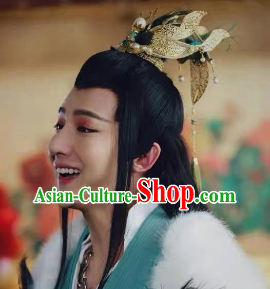 Chinese Drama Born in Limbo Prince Hair Accessories Traditional Warring States Period Childe Headpiece Ancient Swordsman Golden Hairdo Crown