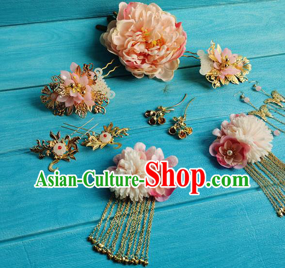 Chinese Ancient Imperial Consort Hairpins Traditional Hanfu Hair Accessories Tang Dynasty Pink Peony Hair Crown Full Set