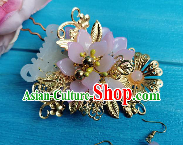 Chinese Traditional Hanfu Hair Accessories Tang Dynasty Princess Jade Hair Stick Ancient Palace Lady Golden Flowers Hairpin