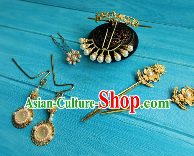 Chinese Traditional Wedding Hanfu Hair Accessories Ming Dynasty Princess Golden Hairpins Ancient Palace Lady Hair Crown Full Set