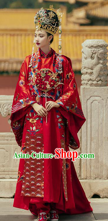 China Ancient Empress Red Hanfu Dress Traditional Wedding Garments Ming Dynasty Court Queen Historical Clothing and Headdress Complete Set