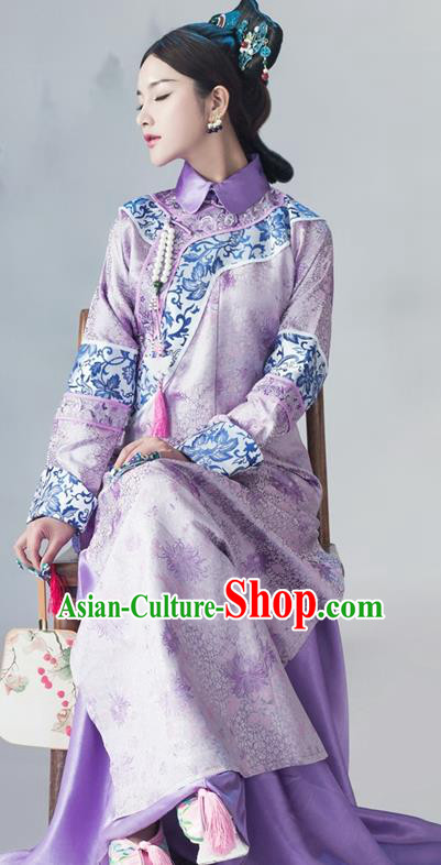 China Ancient Imperial Consort Purple Dress Traditional Court Garments Qing Dynasty Palace Beauty Historical Clothing