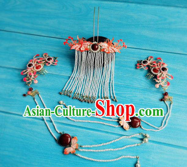 Chinese Ancient Court Woman Red Cloisonne Hairpins Traditional Hanfu Hair Accessories Ming Dynasty Imperial Consort Pearls Tassel Hair Comb