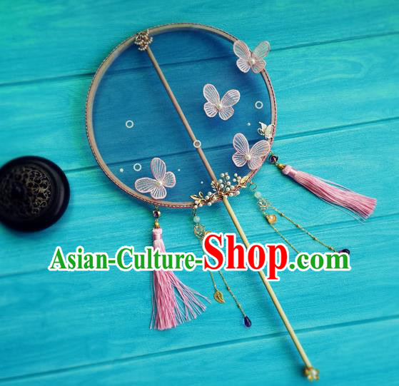 Handmade Chinese Tang Dynasty Princess Blue Silk Fan Traditional Hanfu Circular Fan Wedding Palace Fan