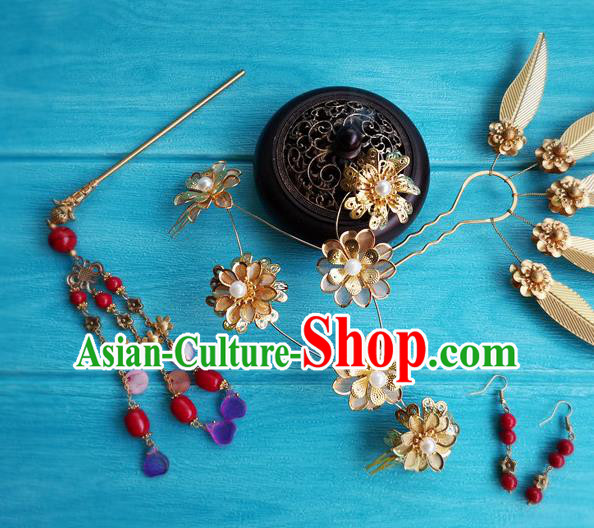 Chinese Tang Dynasty Queen Hair Stick Traditional Hanfu Hair Accessories Ancient Princess Golden Leaf Hairpins Full Set