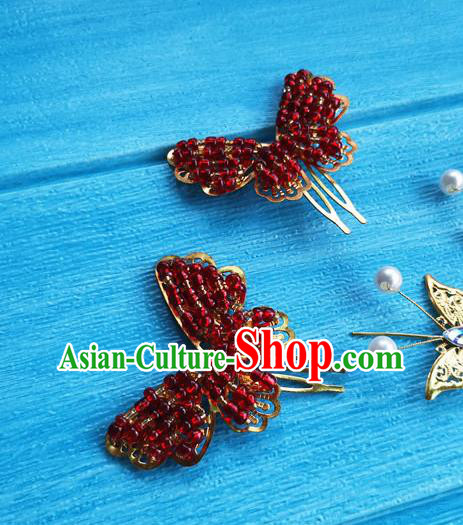 Chinese Ming Dynasty Young Lady Hairpin Traditional Hanfu Hair Accessories Ancient Princess Red Beads Butterfly Hair Combs
