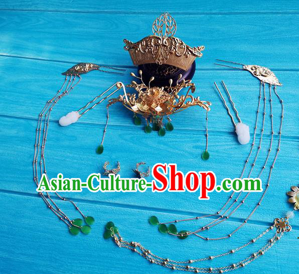Chinese Tang Dynasty Empress Hairpins Traditional Hanfu Hair Accessories Ancient Imperial Consort Golden Hair Crown Full Set