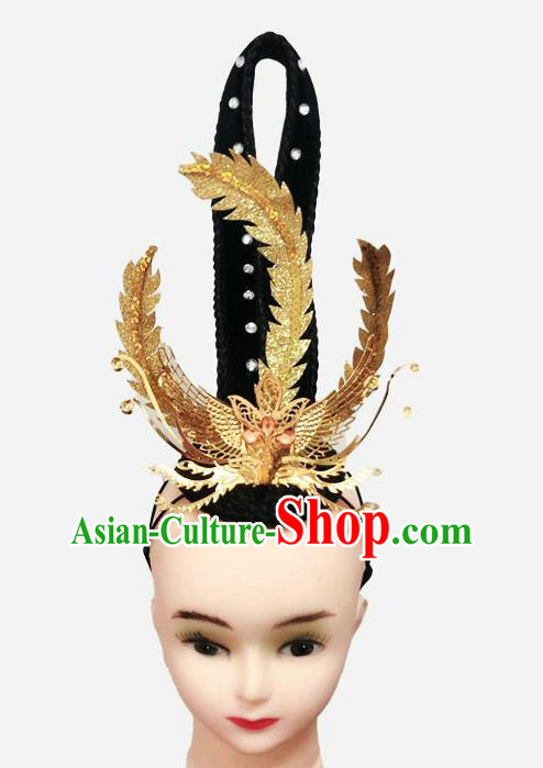 China Classical Dance Hair Accessories Flying Dance Headpieces Traditional Stage Performance Wigs and Golden Phoenix Crown