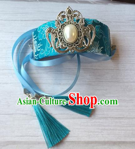 Chinese Chivalrous Expert Pearl Headpiece Traditional Ming Dynasty Young Knight Hair Accessories Ancient Swordsman Blue Hairdo Crown
