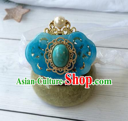 Chinese Ancient Noble Childe Blue Hairdo Crown Classical Swordsman Headwear Traditional Ming Dynasty Prince Hair Accessories