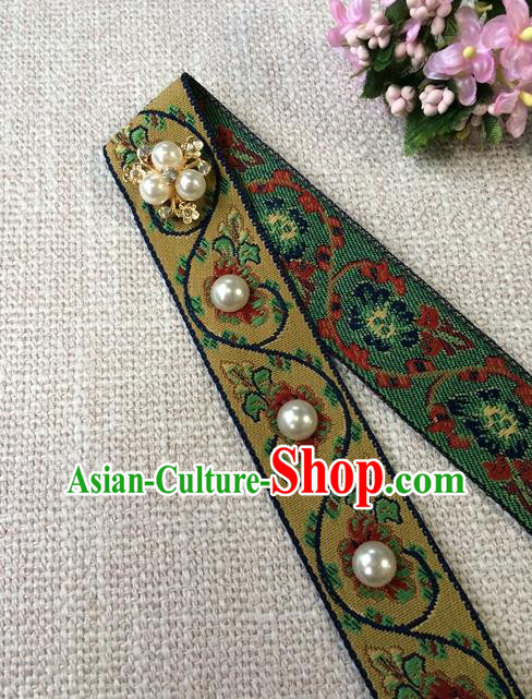 Chinese Ancient Elderly Woman Hair Clasp Ming Dynasty Dowager Countess Pearls Forehead Accessories Traditional Hanfu Embroidered Yellow Headband