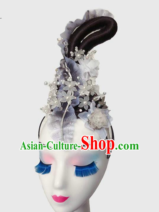 Chinese Traditional Flying Fairy Dance Purple Flowers Hair Clasp Classical Dance Wigs Chignon Court Dance Headpiece